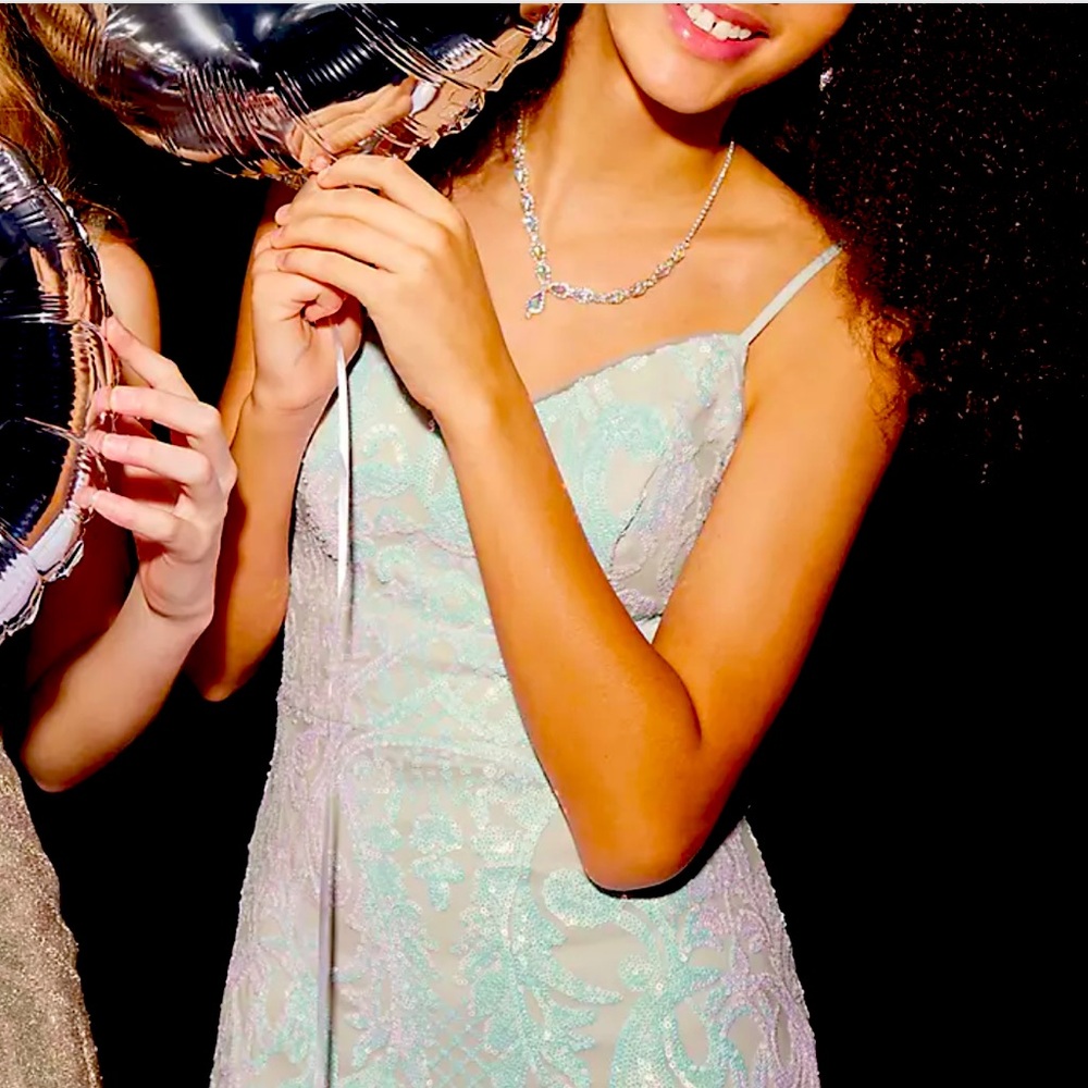 Long V-Neck Iridescent Sequin Patterned Sheath